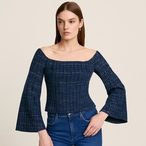 NWT Zara Navy Blue Tweed Off-Shoulder Flare Sleeve Top XS